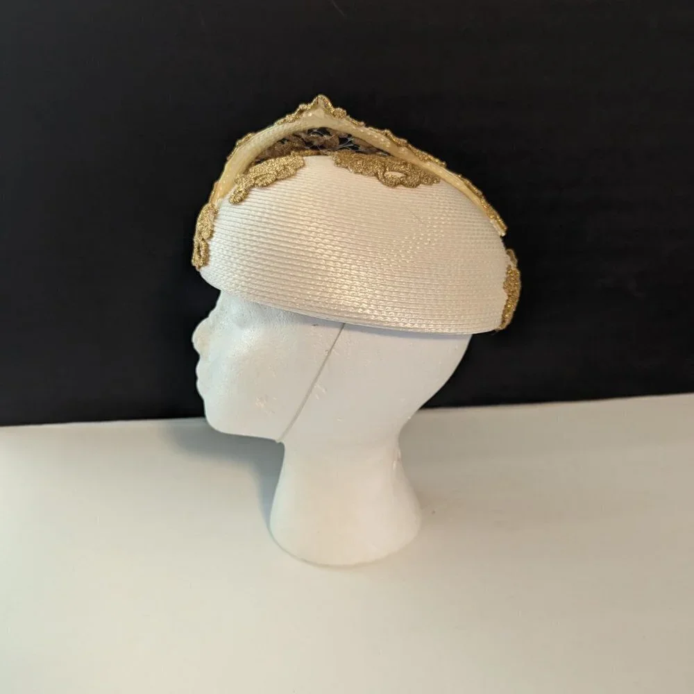 Vintage 50s 60s Round Gold Hat Madmen‎ Church Evening Cocktail Party Embellished - Picture 3 of 8